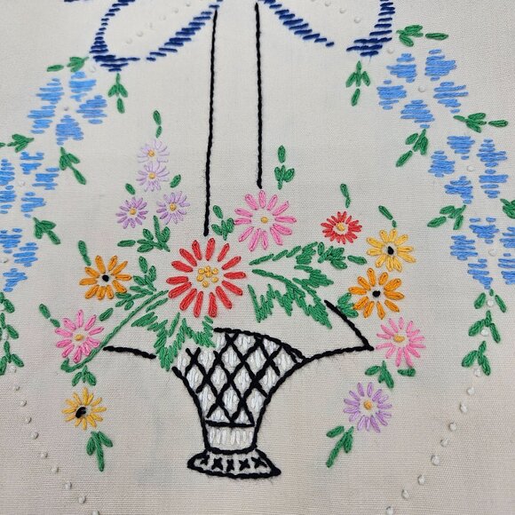 Vintage Hand-Embroidered Linen table runner floral basket design with picot edge - Picture 2 of 9
